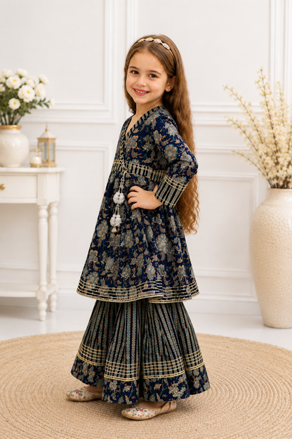 Navy Blue Cotton Angrakha Style Kurta Sharara Set for Girls