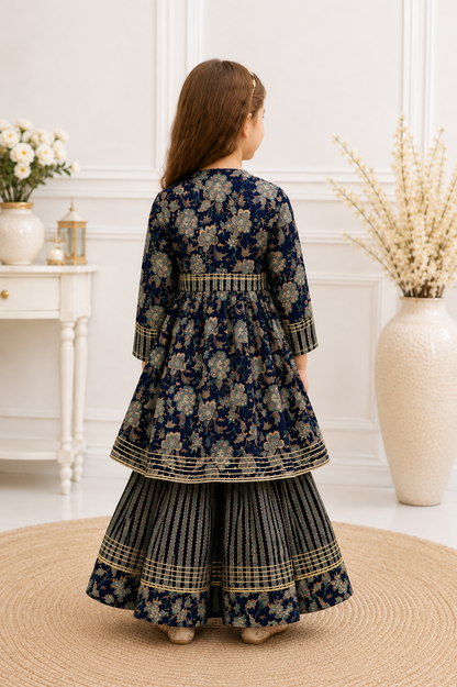 Navy Blue Cotton Angrakha Style Kurta Sharara Set for Girls