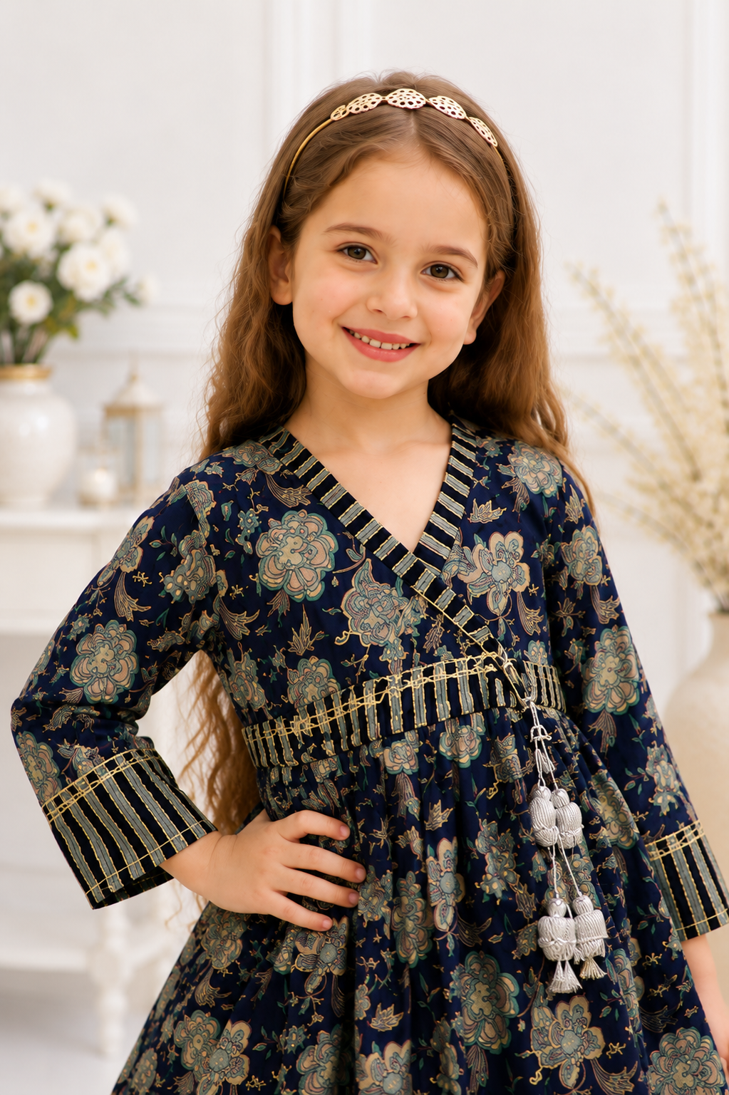 Navy Blue Cotton Angrakha Style Kurta Sharara Set for Girls