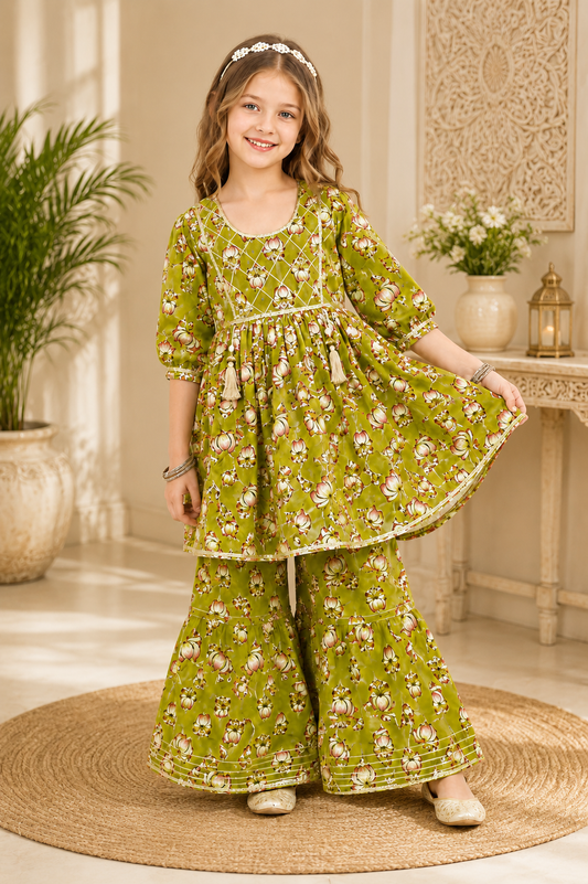 Girls Cotton Printed Peplum Sharara Suit Set