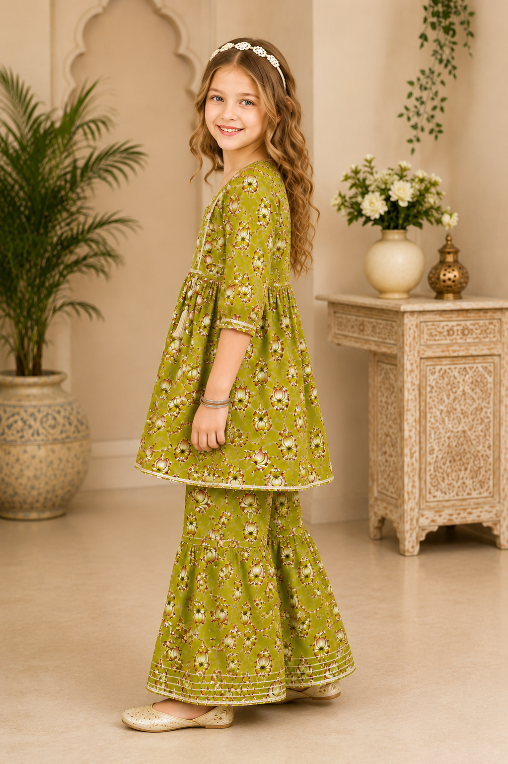 Girls Cotton Printed Peplum Sharara Suit Set - Nakh Clothing