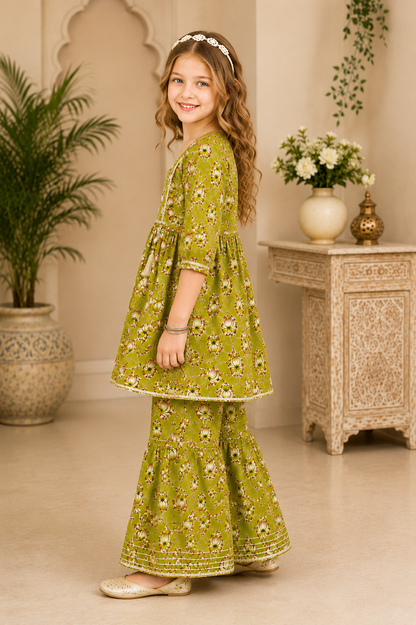 Girls Cotton Printed Peplum Sharara Suit Set - Nakh Clothing