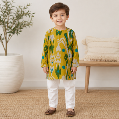 Boys Cotton Kurta Pyjama Set – Mustard Yellow Ikat Print, Ethnic Wear for Kids