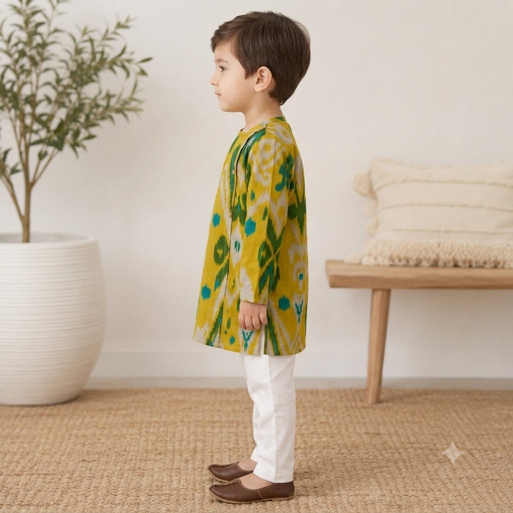 Boys Cotton Kurta Pyjama Set – Mustard Yellow Ikat Print, Ethnic Wear for Kids