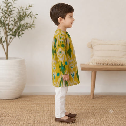 Boys Cotton Kurta Pyjama Set – Mustard Yellow Ikat Print, Ethnic Wear for Kids