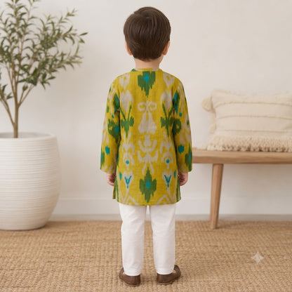Boys Cotton Kurta Pyjama Set – Mustard Yellow Ikat Print, Ethnic Wear for Kids