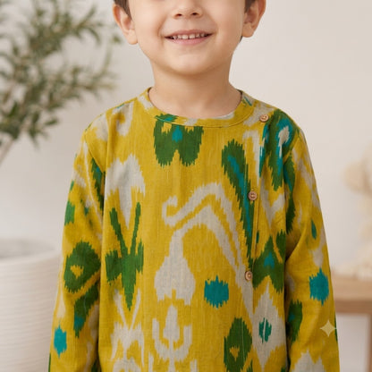 Boys Cotton Kurta Pyjama Set – Mustard Yellow Ikat Print, Ethnic Wear for Kids