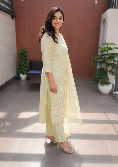 Kota Shimmer Suit Set with Heavy Embroidery | Light Pista