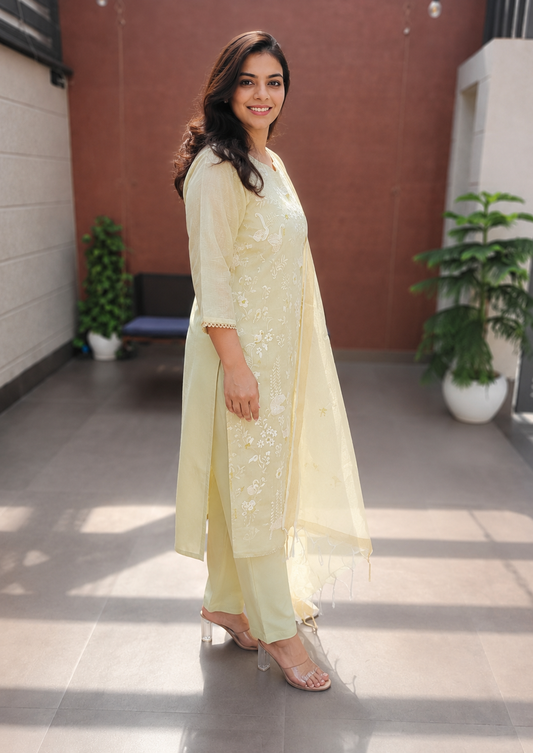 Kota Shimmer Suit Set with Heavy Embroidery | Light Pista