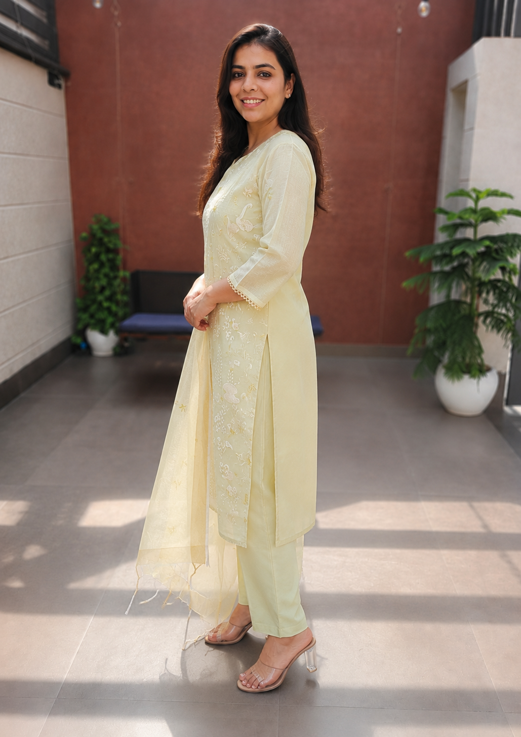 Kota Shimmer Suit Set with Heavy Embroidery | Light Pista