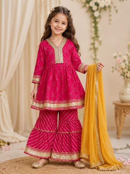 Girls Cotton Kurti Sharara Set with Dupatta – Pink Peplum Style Ethnic Wear