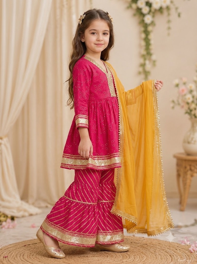 Girls Cotton Kurti Sharara Set with Dupatta – Pink Peplum Style Ethnic Wear