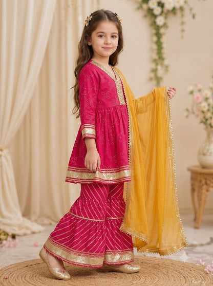 Girls Cotton Kurti Sharara Set with Dupatta – Pink Peplum Style Ethnic Wear