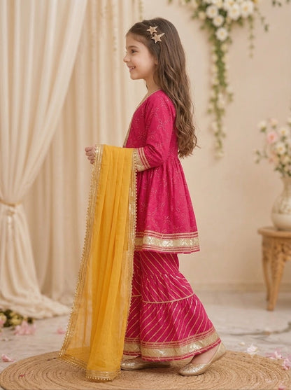 Girls Cotton Kurti Sharara Set with Dupatta – Pink Peplum Style Ethnic Wear