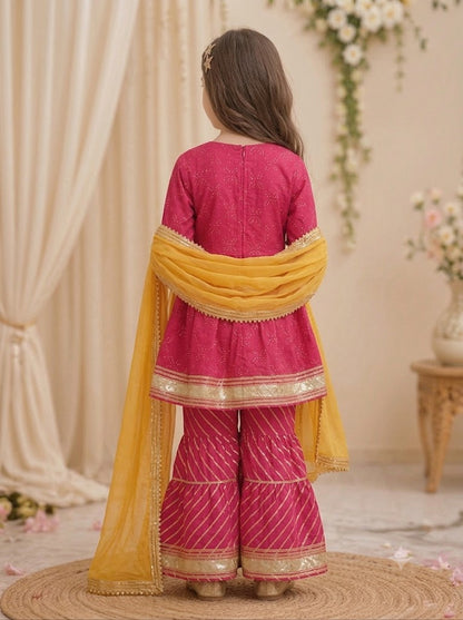 Girls Cotton Kurti Sharara Set with Dupatta – Pink Peplum Style Ethnic Wear