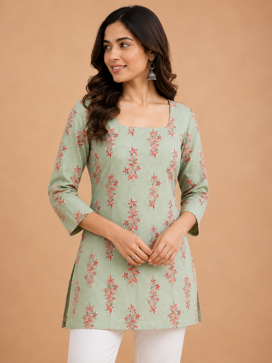 "Sage Green Floral Print Cotton Short Kurti for Women"