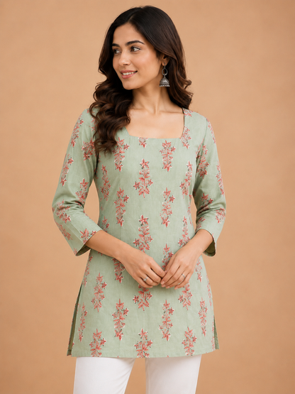 "Sage Green Floral Print Cotton Short Kurti for Women"