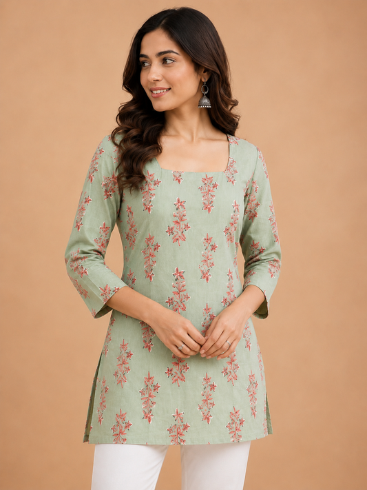 "Sage Green Floral Print Cotton Short Kurti for Women"