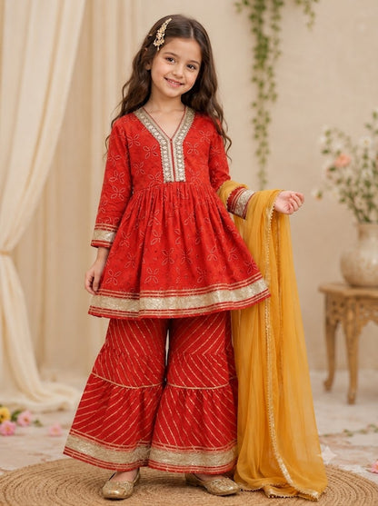 Girls Cotton Peplum Kurti with Sharara & Dupatta – Red, Gold Border