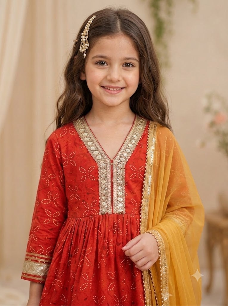 Girls Cotton Peplum Kurti with Sharara & Dupatta – Red, Gold Border