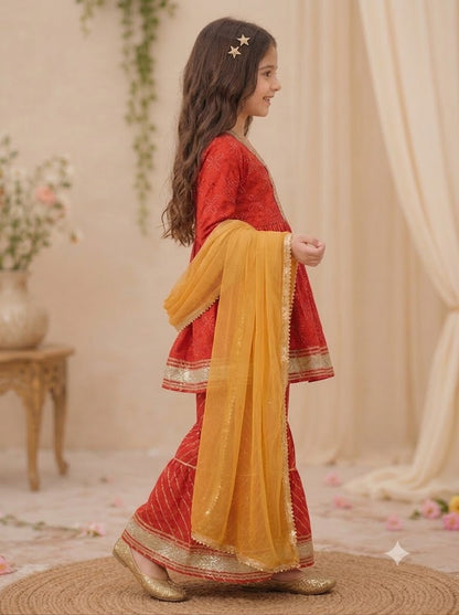 Girls Cotton Peplum Kurti with Sharara & Dupatta – Red, Gold Border