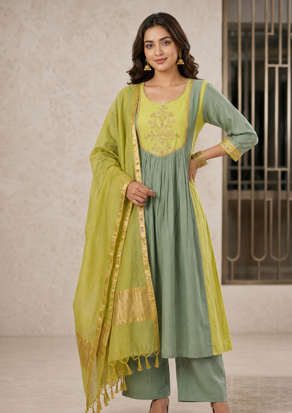 Pista Green Mul Chanderi 3 Piece A-Line Kurta Set – Handwork Embroidered Yoke with Pants and Dupatta, Cotton Lining,