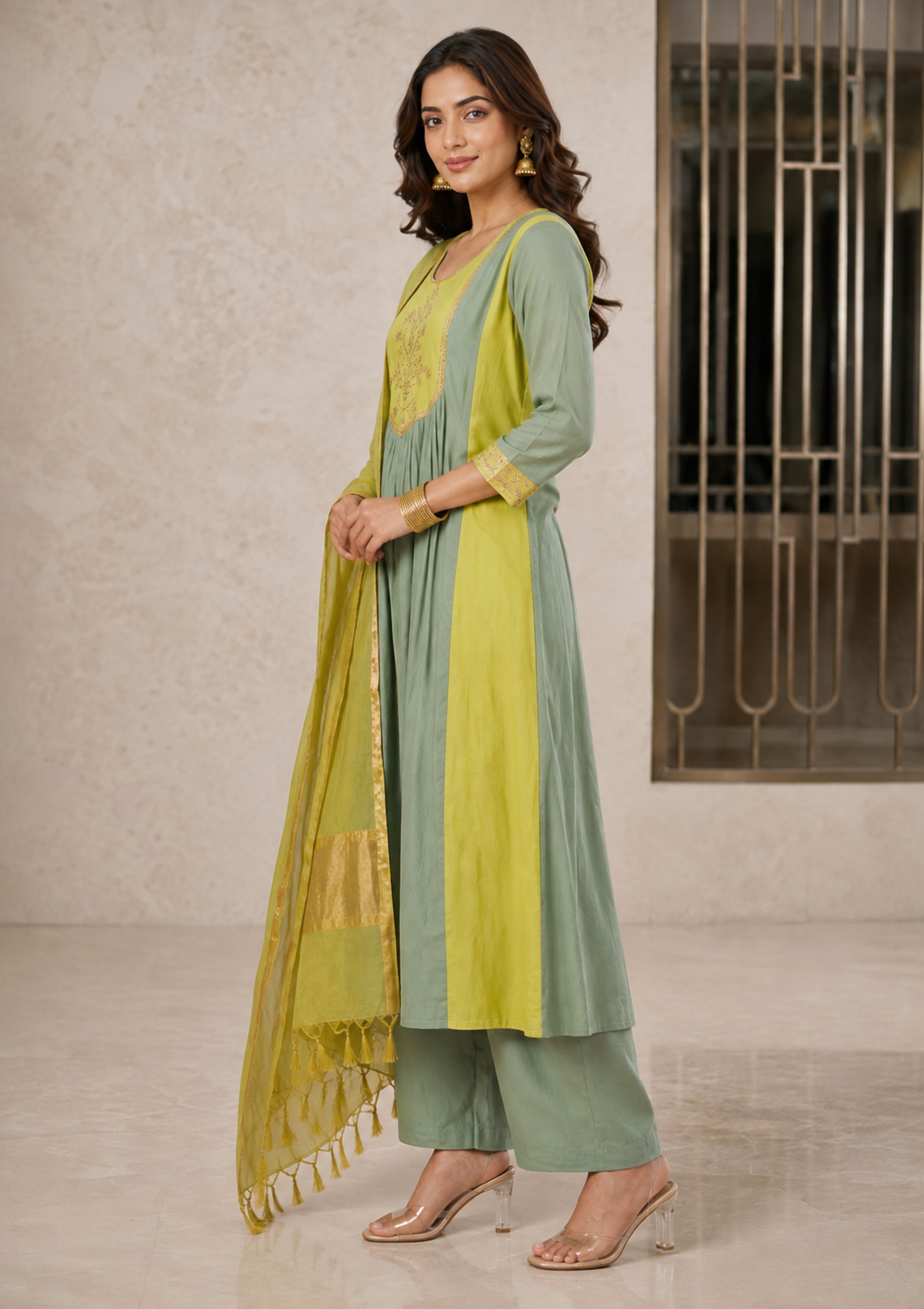 Pista Green Mul Chanderi 3 Piece A-Line Kurta Set – Handwork Embroidered Yoke with Pants and Dupatta, Cotton Lining,