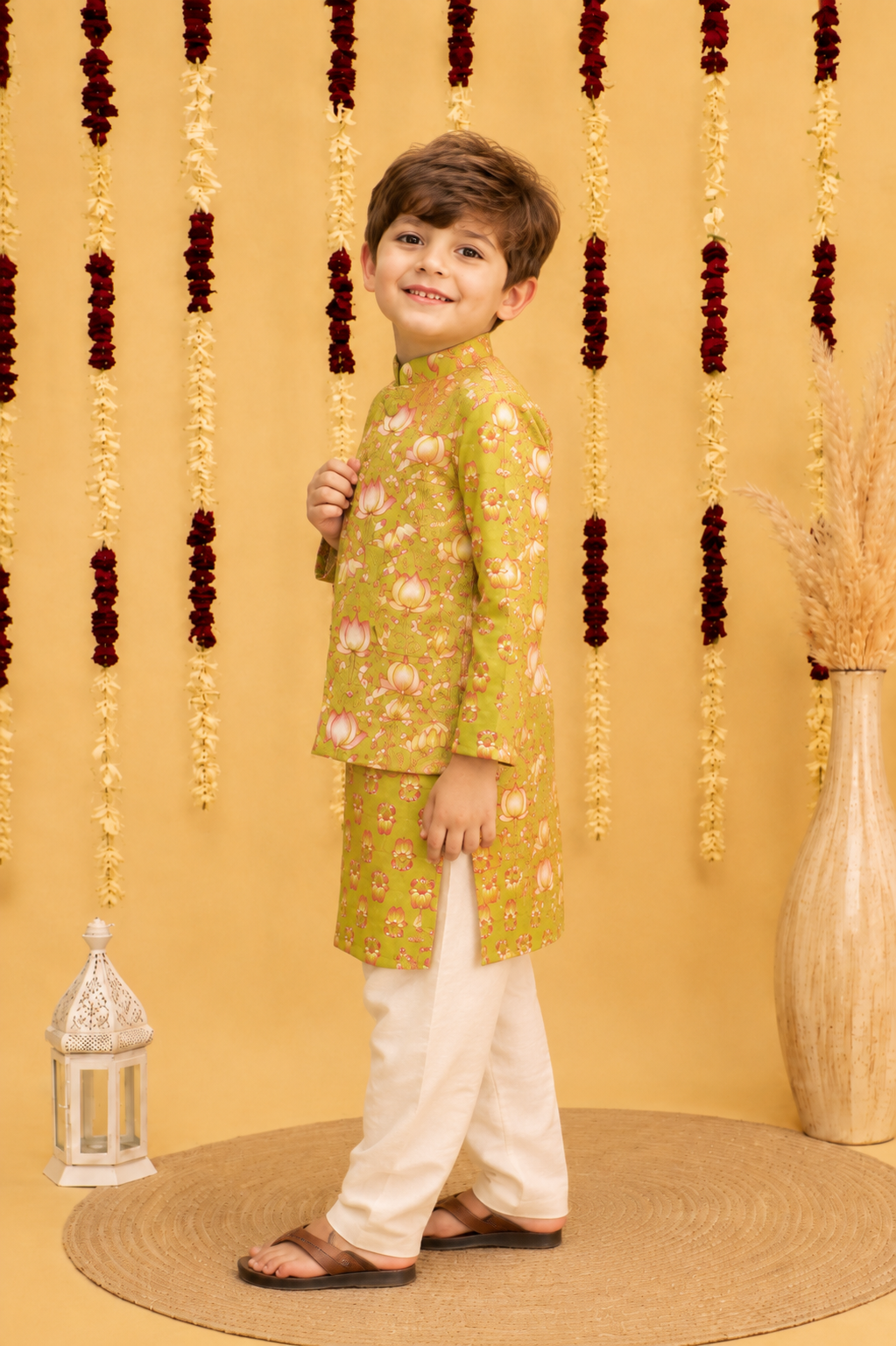 Boys Cotton Block Print Kurta Jacket Set – Yellow & Green - Nakh Clothing
