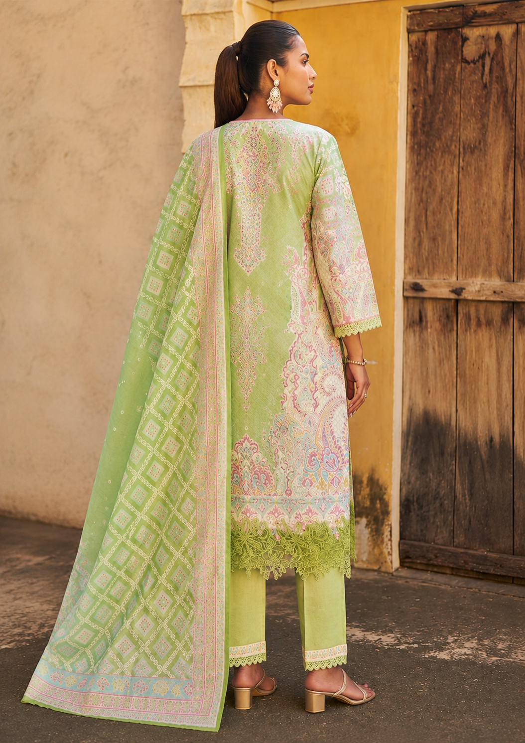 Women's Green Cotton Embroidered Printed Suit Set with Dupatta
