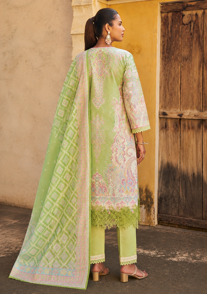 Women's Green Cotton Embroidered Printed Suit Set with Dupatta
