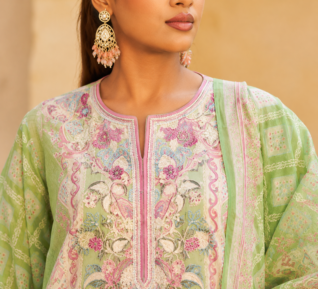 Women's Green Cotton Embroidered Printed Suit Set with Dupatta