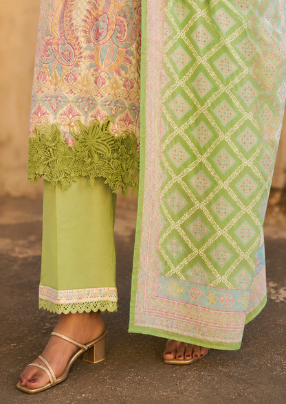 Women's Green Cotton Embroidered Printed Suit Set with Dupatta