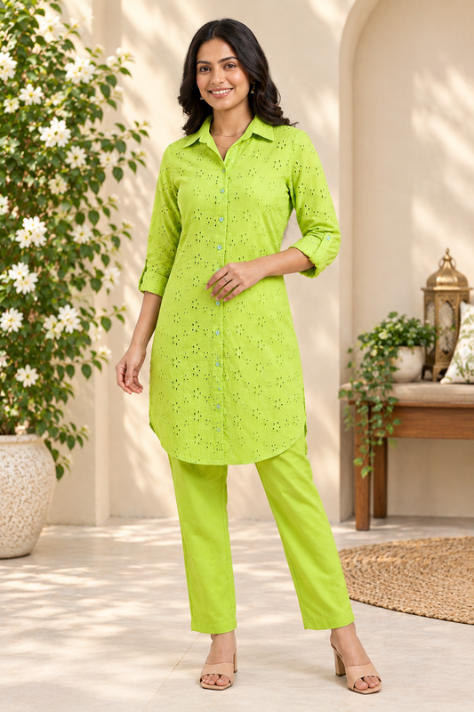 Lime Green  Hakoba cotton Co-ord set - Nakh Clothing