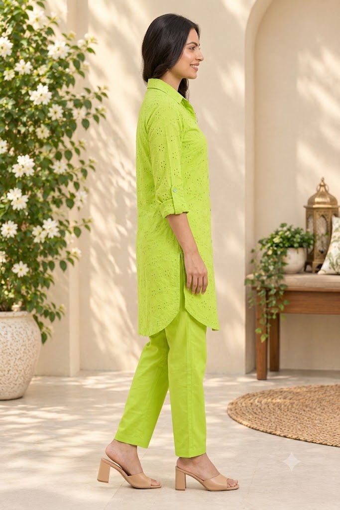 Lime Green  Hakoba cotton Co-ord set - Nakh Clothing