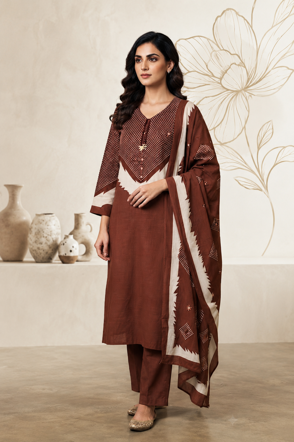 Brown Printed Cotton Suit Set with Dupatta | 3-Piece Kurta Pant Set for Women - Nakh Clothing