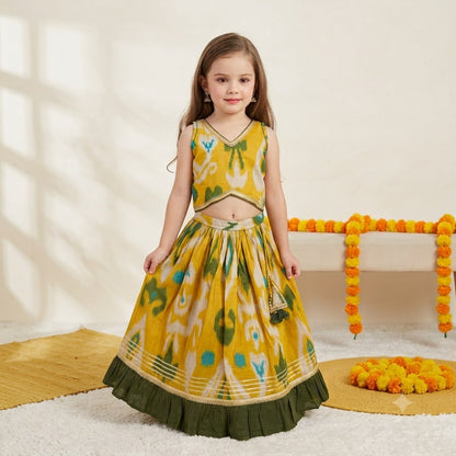 Girls Cotton Lehenga Choli Set in Yellow Print with Green Border