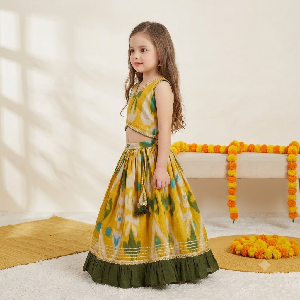 Girls Cotton Lehenga Choli Set in Yellow Print with Green Border