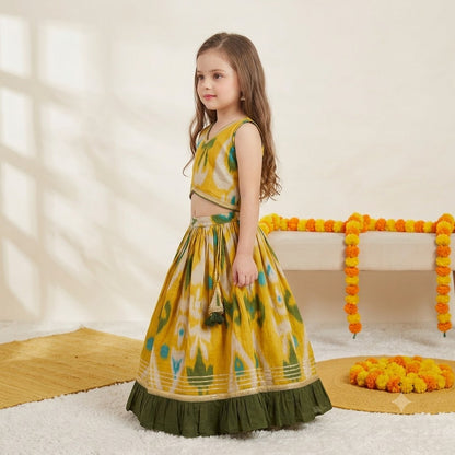 Girls Cotton Lehenga Choli Set in Yellow Print with Green Border