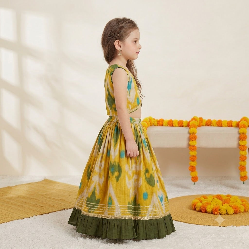 Girls Cotton Lehenga Choli Set in Yellow Print with Green Border
