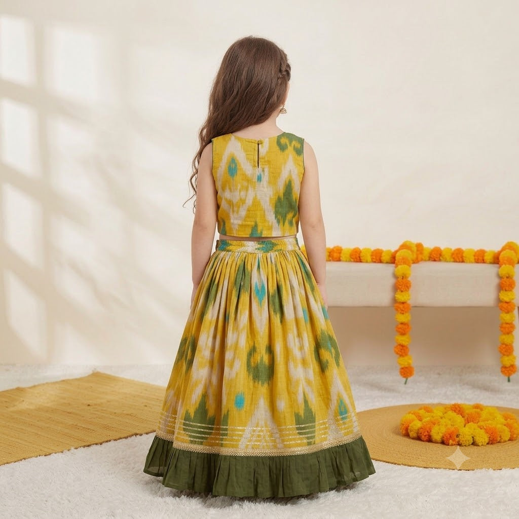 Girls Cotton Lehenga Choli Set in Yellow Print with Green Border