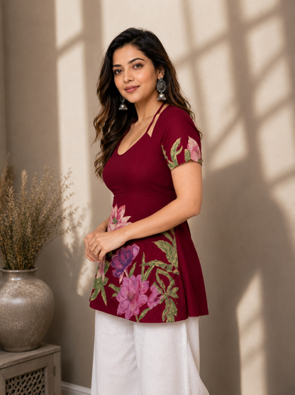 "Floral Print Cotton Top with Halter Neckline for Women"