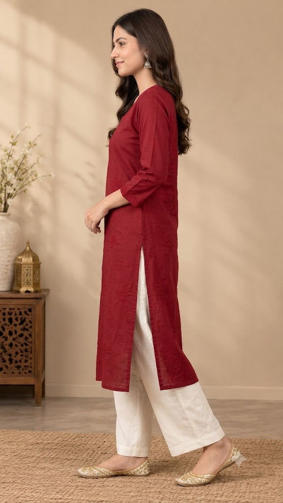 Women's Embroidered Long Cotton Kurti – Straight Fit