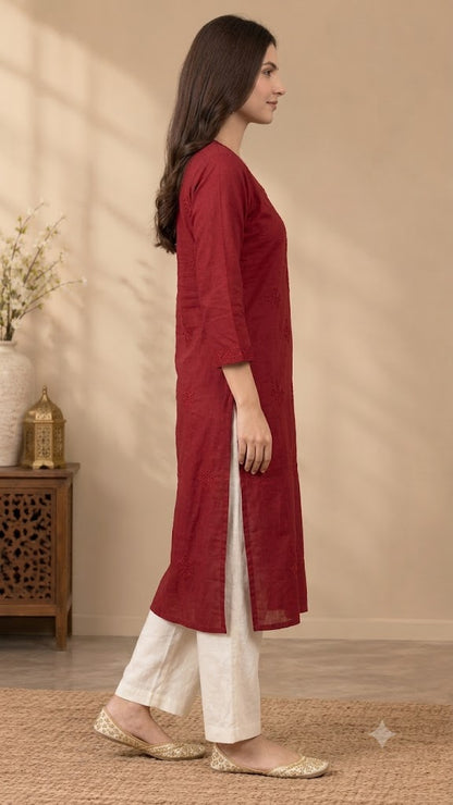 Women's Embroidered Long Cotton Kurti – Straight Fit