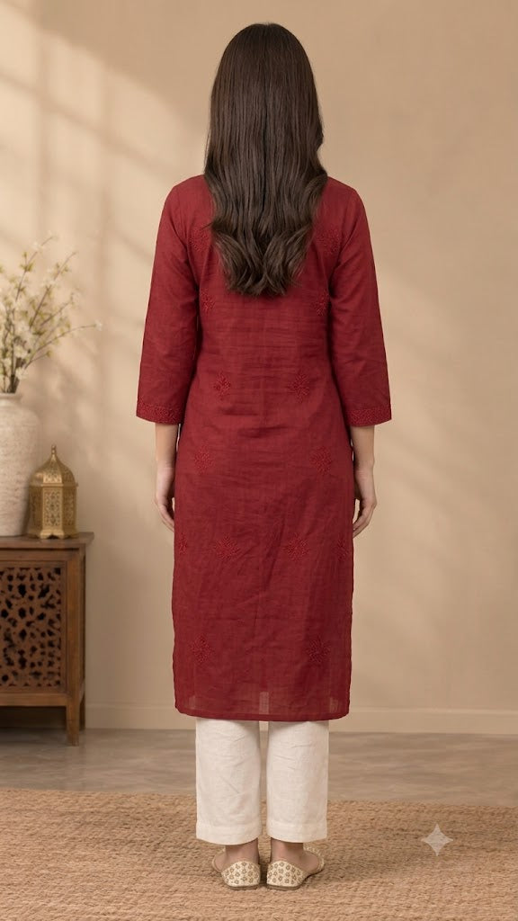 Women's Embroidered Long Cotton Kurti – Straight Fit