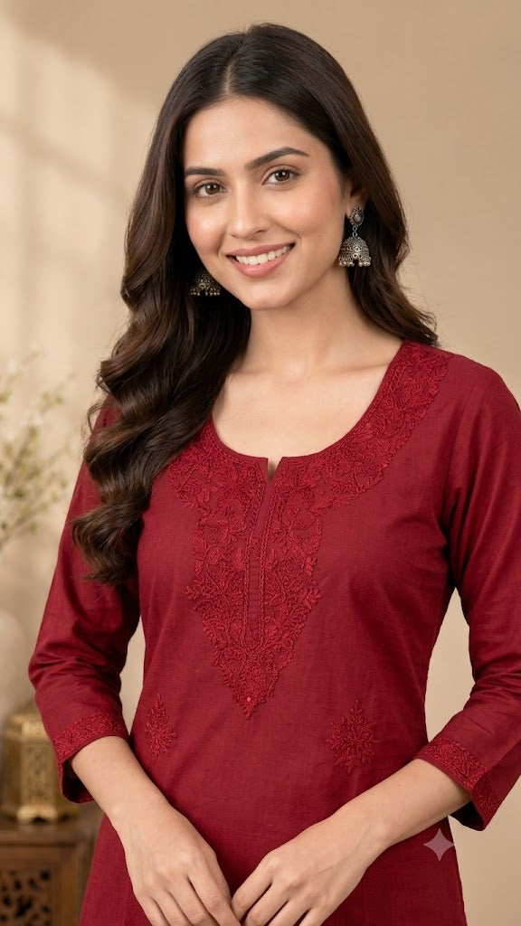 Women's Embroidered Long Cotton Kurti – Straight Fit