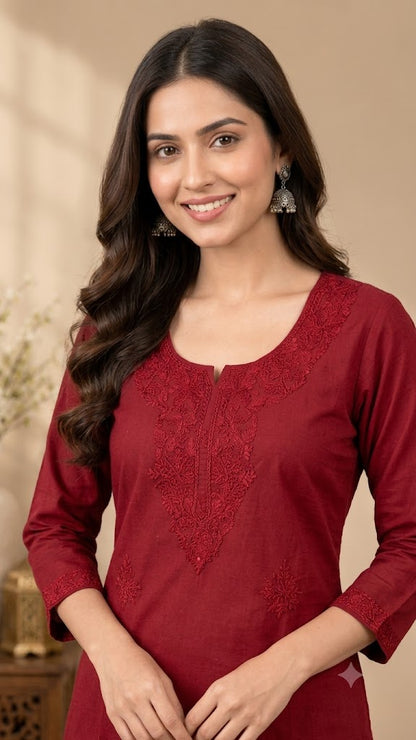 Women's Embroidered Long Cotton Kurti – Straight Fit
