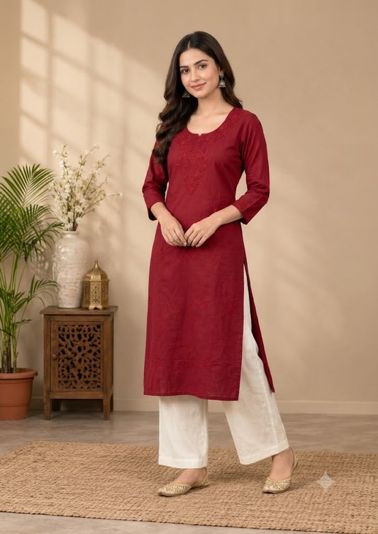 Women's Embroidered Long Cotton Kurti – Straight Fit
