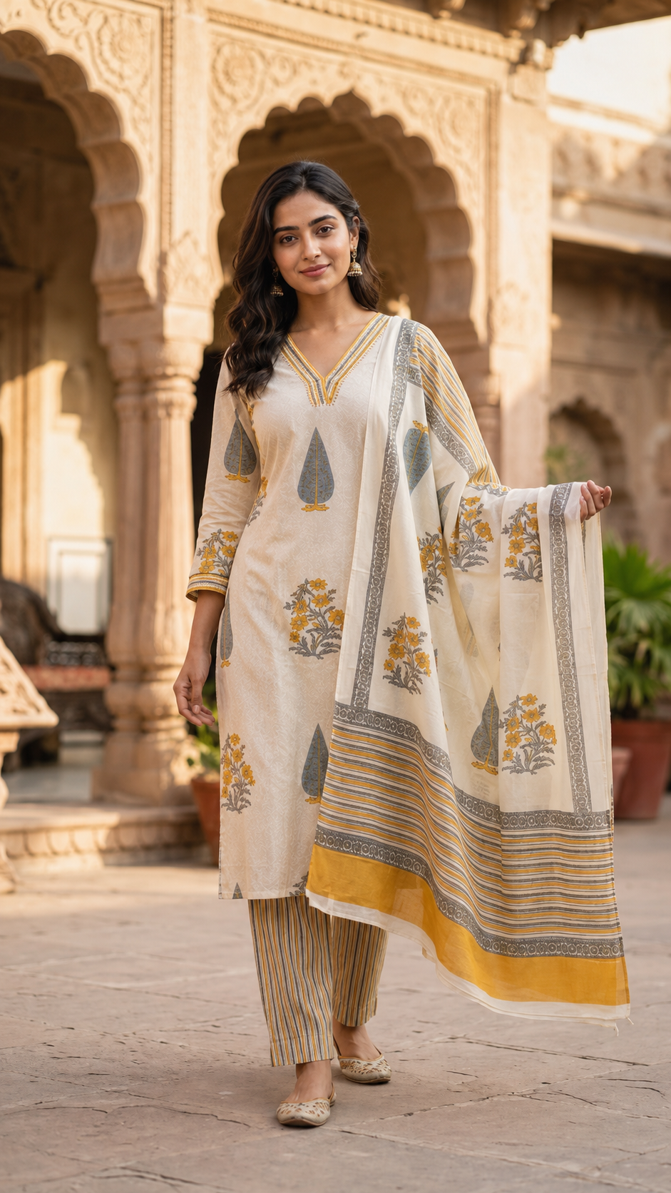 Women's Off-White Floral Block Print Cotton Kurta Pant Dupatta Set | 3-Piece Ethnic Suit