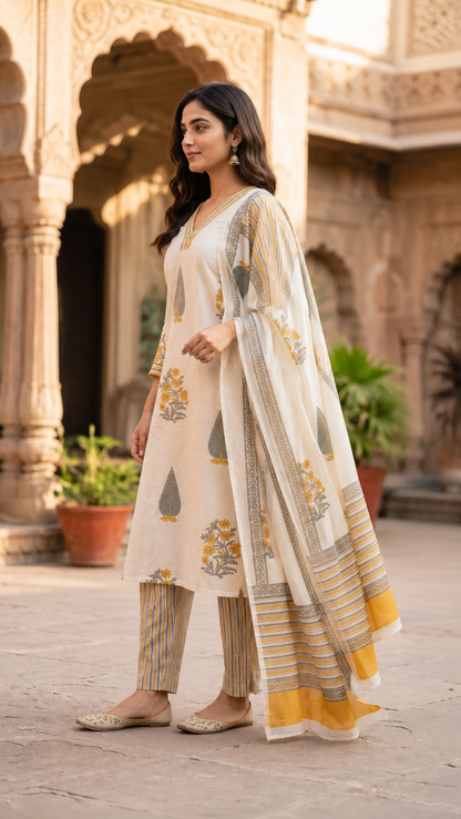 Women's Off-White Floral Block Print Cotton Kurta Pant Dupatta Set | 3-Piece Ethnic Suit