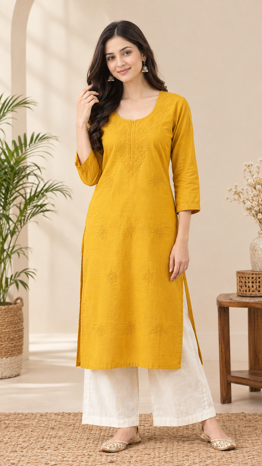 Women's Embroidered Long Cotton Kurti – Straight Fit